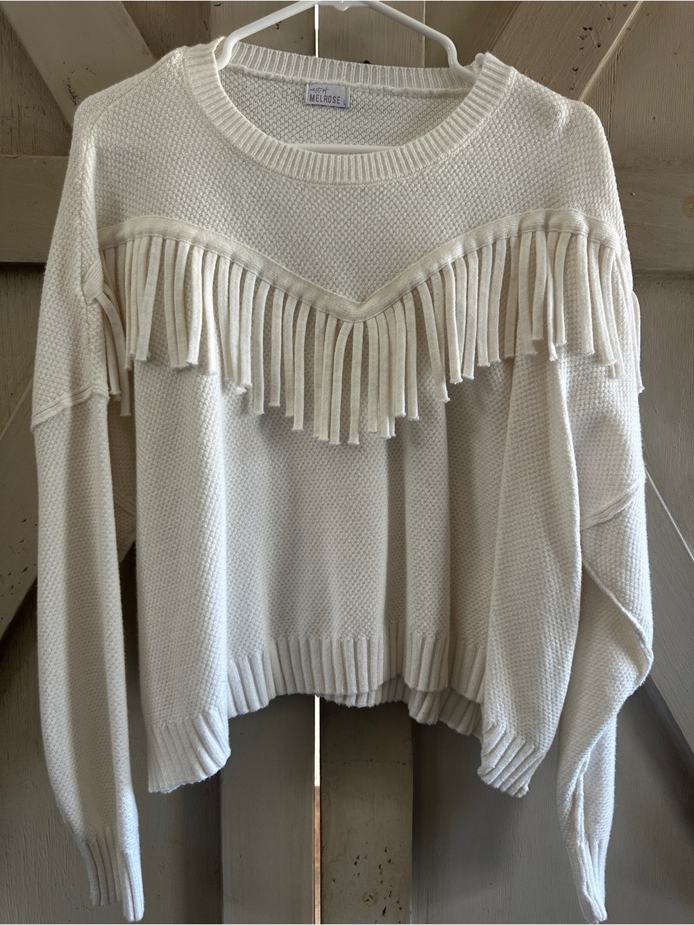 West of Melrose White Fringe Sweater Large Boho Western Textured Knit Pullover